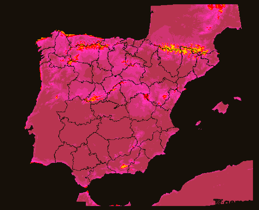 Mapa de España pintado con la temperatura máxima más alta de cada zona en el verano: casi todo el país enrojece por encima de 32 grados y solo las cumbres se quedan en amarillo, según las máximas de AEMET