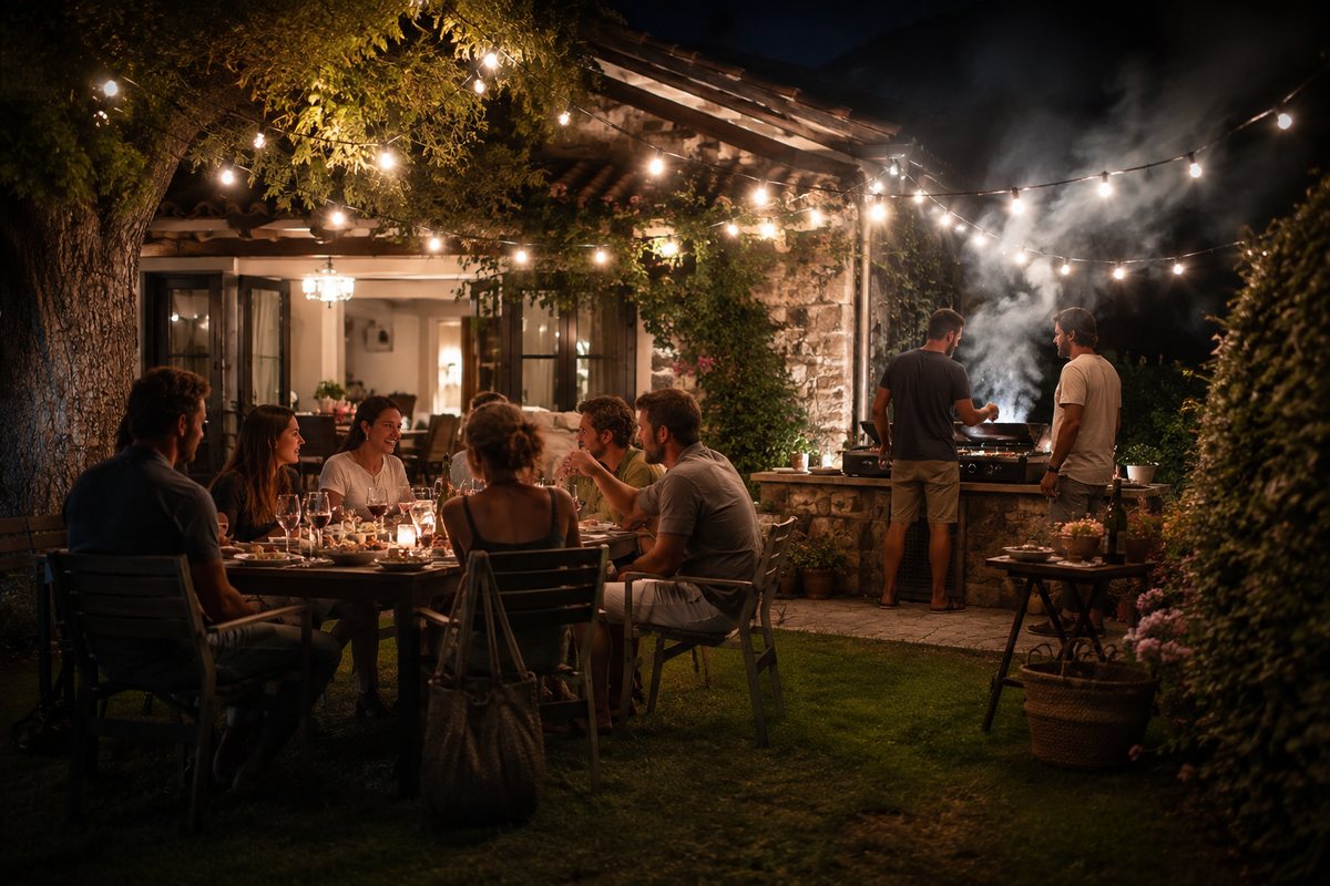 Cena al aire libre en el jardín de una casa de piedra, de noche, con guirnaldas de bombillas encendidas y gente sentada a la mesa