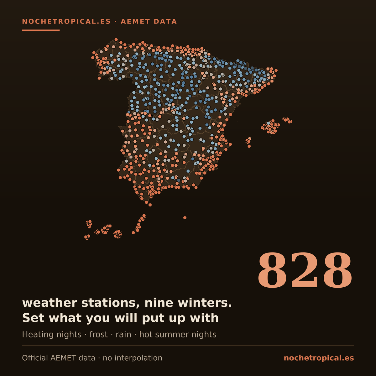 Map of Spain with 837 AEMET weather stations coloured by frost nights per winter, the 828 the tool lets you filter.