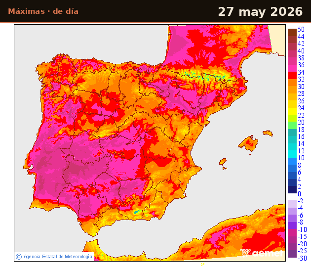 Mapa diario de temperaturas máximas de AEMET durante la ola de calor