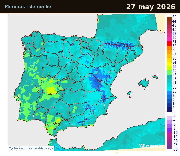 Mapa diario de temperaturas mínimas de AEMET durante la ola de calor